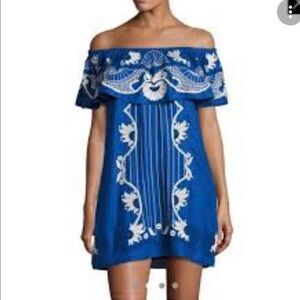 Blue Off-Shoulder Embroidered Dress